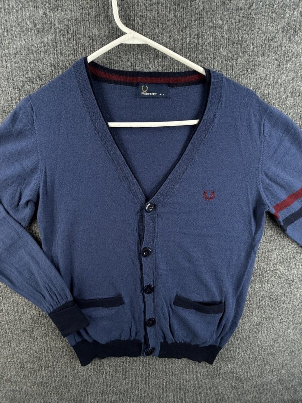 Fred Perry V-Neck Medium Black Blue Sweater Cardigan Logo Wool Knit Men Designer